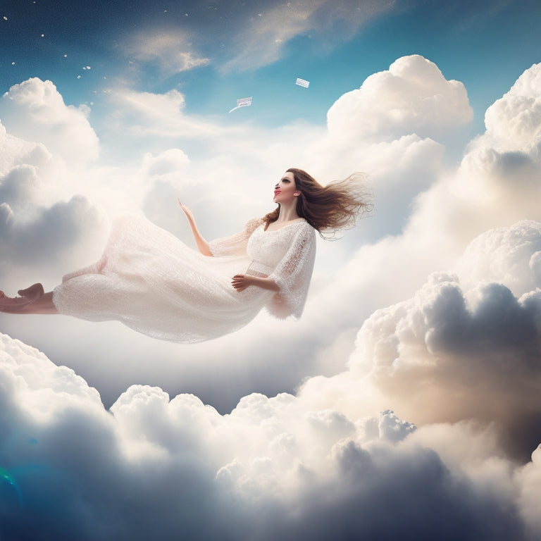 A whimsical illustration of a person surrounded by fluffy white clouds, with musical notes and gentle, swirling patterns dancing around them, evoking a sense of ethereal wonder and dreamy escape.