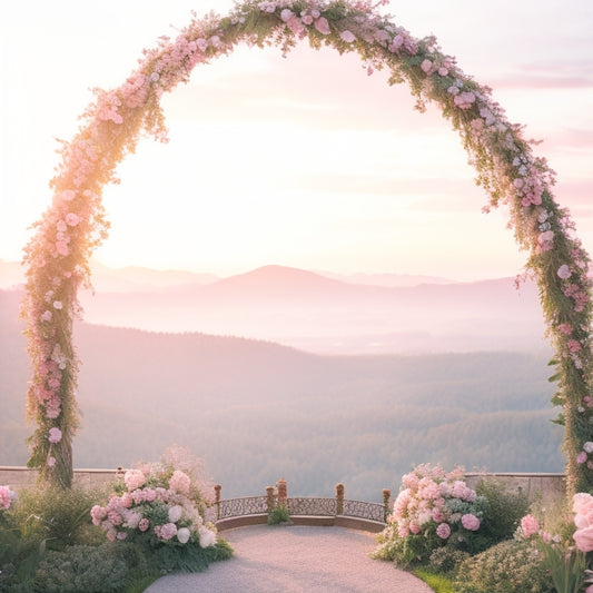 A whimsical illustration of a vintage-inspired wedding arch adorned with lush greenery, soft pink florals, and delicate lace, set against the majestic backdrop of Saratoga Springs' rolling hills at sunset.