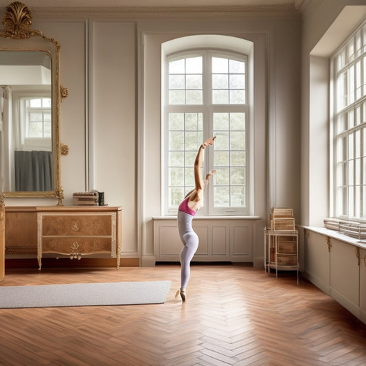 A serene, well-lit dance studio with a wooden floor, mirrored walls, and a ballet barre. A dancer in a leotard and leggings stands in a perfect arabesque, with a subtle smile, surrounded by scattered dance shoes and a calendar on the floor.