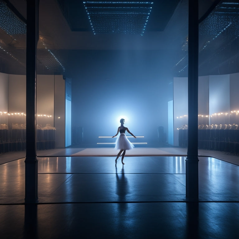 A dimly lit dance studio with a lone dancer in the center, surrounded by mirrors and ballet bars, with a smartphone and earbuds on the floor, and a subtle music waveform pattern in the background.