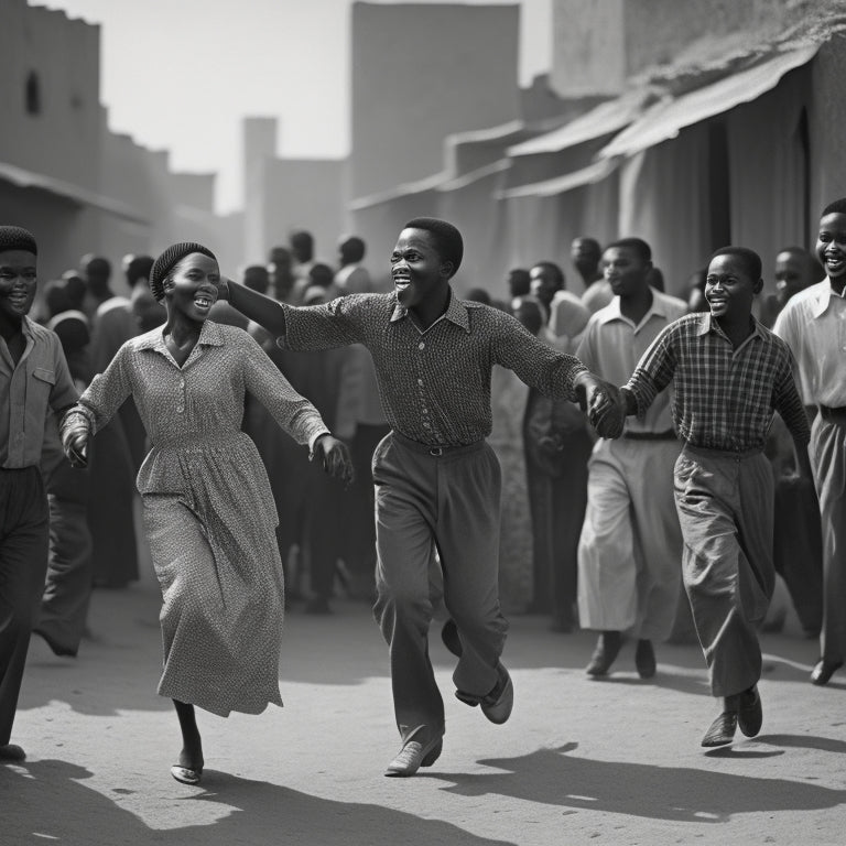 Vibrant, black-and-white photograph depicting joyful, dynamic scenes of 1960s Malian youth dancing, laughing, and embracing, set against a warm, sun-kissed backdrop of dusty streets and worn, earth-toned buildings.