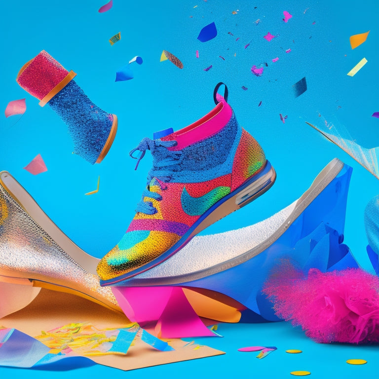 A vibrant illustration featuring a pair of dancing shoes bursting out of a newspaper, surrounded by swirling dance-inspired shapes and confetti, set against a bright, gradient blue background.