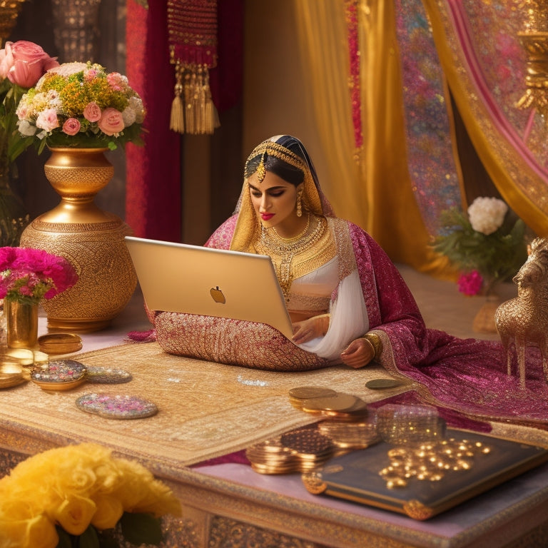 A serene, golden-lit background with a laptop and a belly dancer's hip scarf on a ornate, Moroccan-inspired table, surrounded by blooming flowers and a few scattered, shimmering coins.