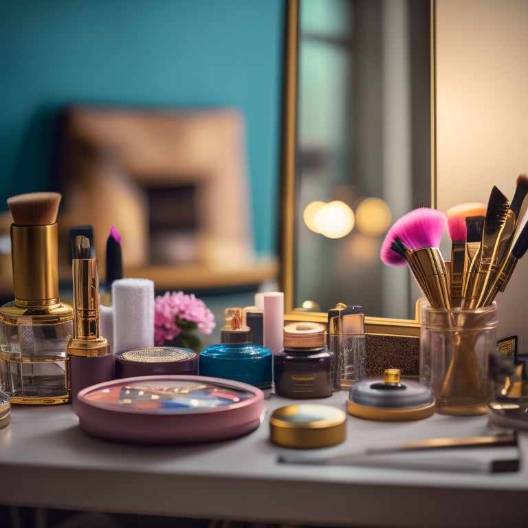 A messy makeup station with scattered brushes, palettes, and products, transformed into a tidy and organized space with labeled containers, a calendar, and a clock in the background, with a few strategically placed beauty tools.