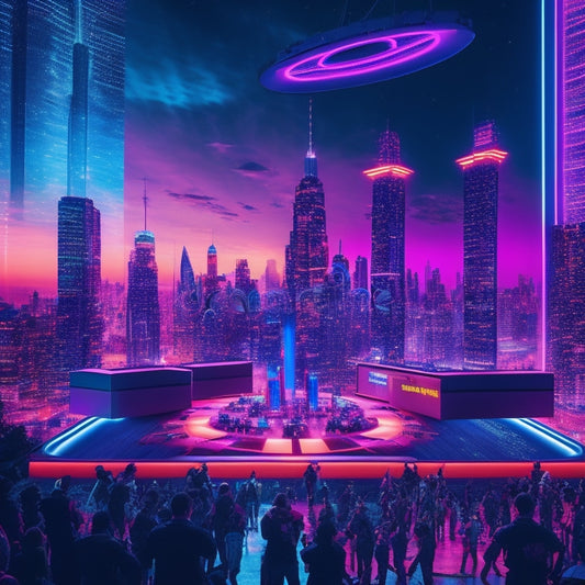 A futuristic cityscape at dusk, with neon lights reflecting off sleek skyscrapers, surrounded by 3D glasses, DVDs, and Blu-ray discs, with a giant 3D TV screen displaying a dance crew in mid-air.