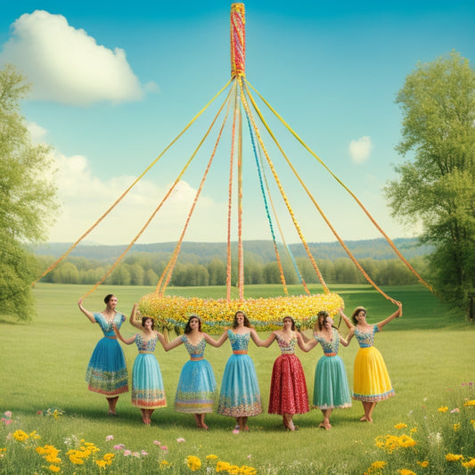 A whimsical illustration of a vintage maypole surrounded by colorful ribbons, with eight dancers in traditional attire, standing in a circular formation, each holding a ribbon, amidst a lush green meadow with blooming wildflowers.