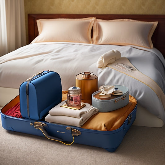 A suitcase lies open on a hotel bed, surrounded by neatly folded dresses, a steamer, and a travel-sized iron, with a few wrinkles being smoothed out on a dress hanging from a hook.