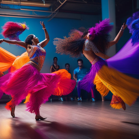 A vibrant dance studio filled with colorful fringe pants swaying in motion, capturing dynamic poses of diverse dancers. The focus on flowing fabric, energetic movements, and bright lighting creates an atmosphere of unstoppable rhythm.