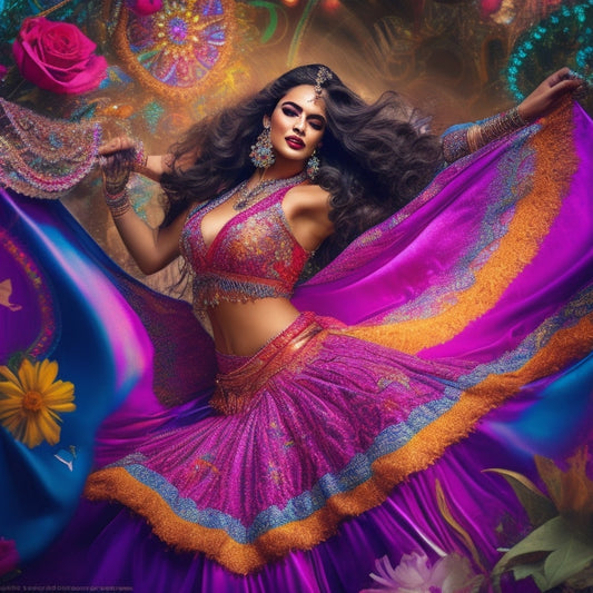 A vibrant, colorful illustration of a belly dancer in motion, surrounded by swirling fabrics, flowers, and intricate patterns, with a subtle Instagram frame and subtle sparkle effects.