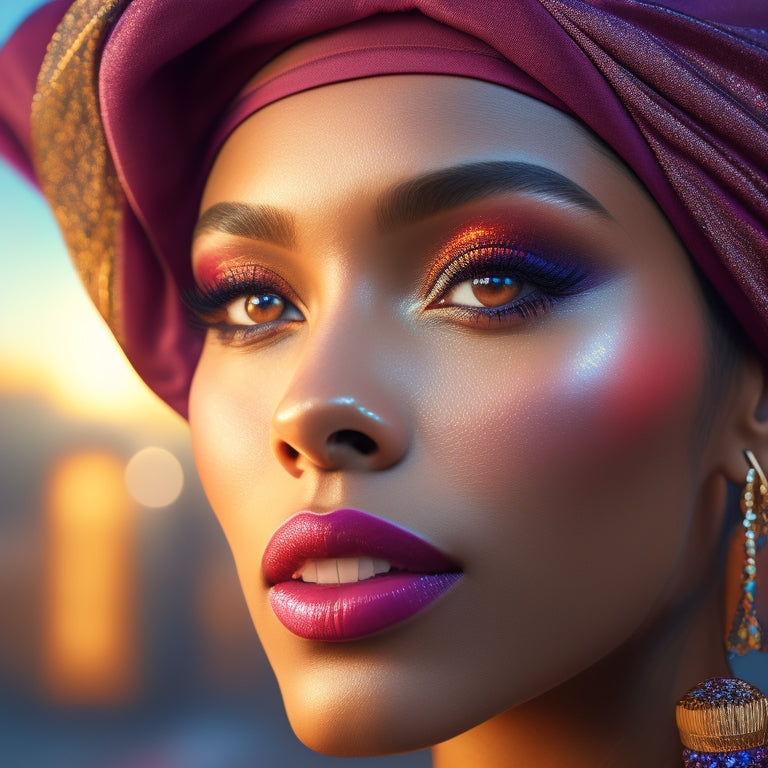 A close-up of a dancer's face, spotlight shining on flawless, glowing skin, bold, bright lip color, and dramatic eye makeup, with a hip-hop inspired headwrap or hat, and a subtle, blurred cityscape background.