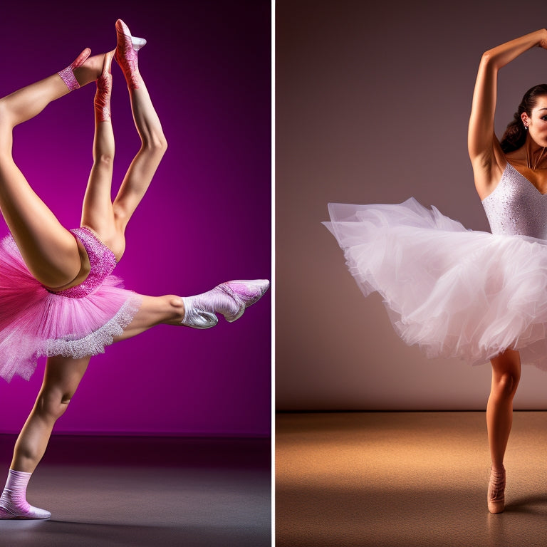 A split-screen image featuring a stressed dancer surrounded by crumpled papers and broken pointe shoes on one side, and a confident dancer in a bright studio with a perfect arabesque on the other, with a subtle gradient from dark to light.