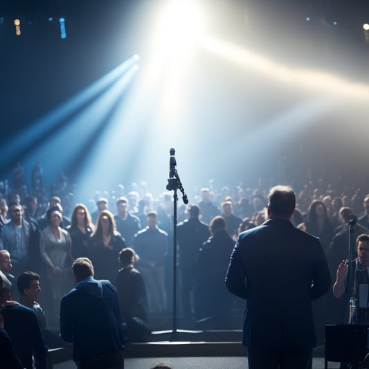 A spotlight shines brightly on a confident performer standing center-stage, microphone in hand, with a crowd of blurred faces in the background, all eyes fixed on the star.