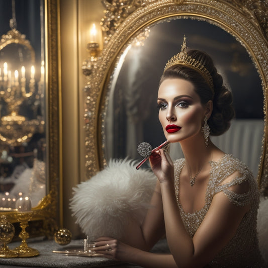 A glamorous, spotlight-lit woman stands in front of a ornate, gold-framed mirror, holding a makeup brush, surrounded by luxurious balls of tulle, feathers, and sparkling jewels, with a lavish ballroom background.