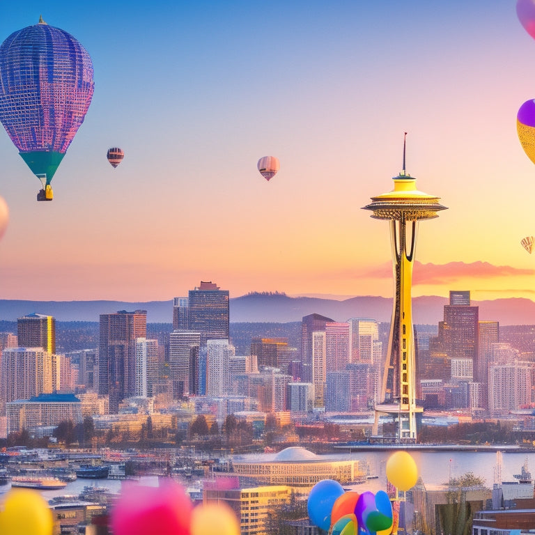 A vibrant illustration of Seattle's cityscape at sunset, with the Space Needle prominent, surrounded by confetti, balloons, and streamers, hinting at upcoming festivities and celebrations.