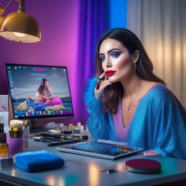 A vibrant, colorful image featuring a young woman sitting in front of a vanity, surrounded by makeup brushes and products, with a laptop open to a YouTube screen in the background.