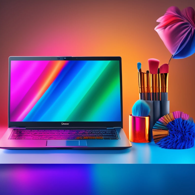 A colorful, dynamic illustration of a laptop open to a dance makeup tutorial, surrounded by makeup brushes, mirrors, and dance shoes, with a subtle sparkle effect on the screen.