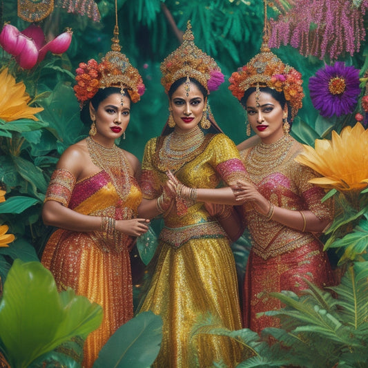 An intricately illustrated, vibrant scene featuring three Oriental dancers in flowing, bejeweled costumes, surrounded by lush greenery and exotic flowers, against a warm, golden background.