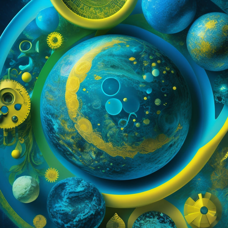 A vibrant, abstract background blends swirling shapes in blues, greens, and yellows, with various icons and symbols representing different academic fields, such as a microscope, globe, and musical note, interconnected and overlapping.