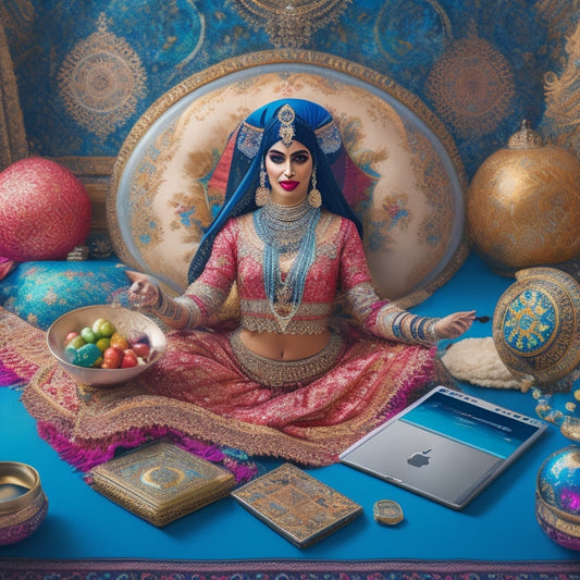 A whimsical illustration featuring a belly dancer surrounded by digital devices, with a laptop and smartphone at her feet, and a tablet hovering above her head, surrounded by swirling patterns of Middle Eastern-inspired motifs.