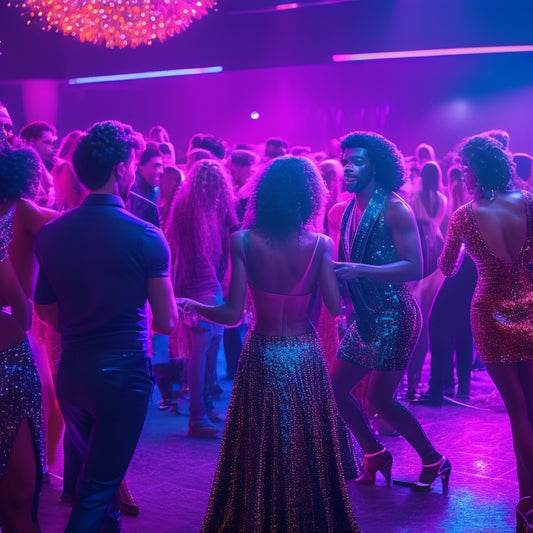 A vibrant, neon-lit dance floor with a crowd of diverse, energetic dancers in trendy outfits, surrounded by flashing lights and disco balls, with a subtle hint of a luxurious Hampton-inspired backdrop.