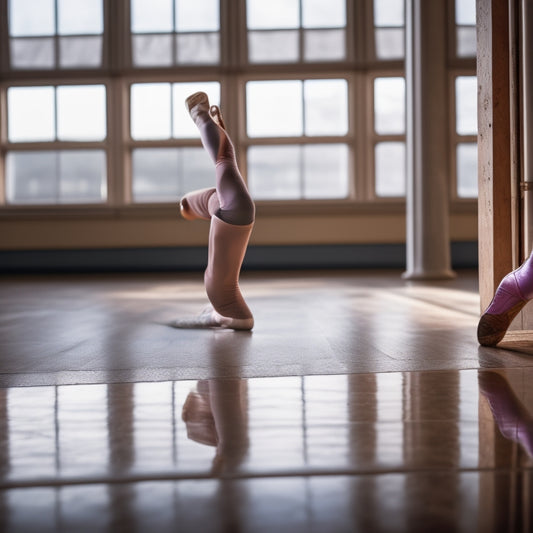 A dancer's foot in pointe shoes, with an arch enhancer visible, set against a ballet studio background with a barre, mirror, and floor with a grid of wooden planks.