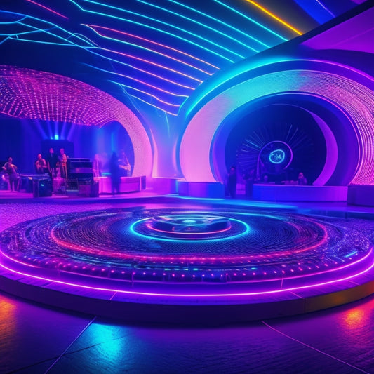 A vibrant, futuristic nightclub scene with neon-lit dance floors, holographic music waves, and a DJ console displaying a mesmerizing, swirling vortex of colorful sound patterns.