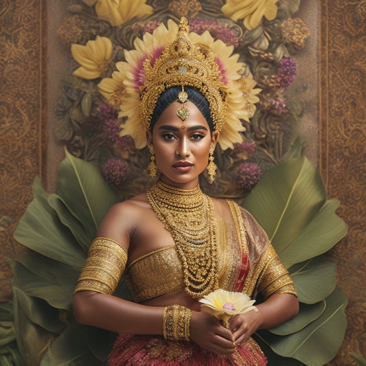 An ornate, golden-framed illustration of a traditional Balinese Legong dancer in mid-pose, surrounded by intricate floral patterns, tropical flowers, and subtle, shimmering textures.