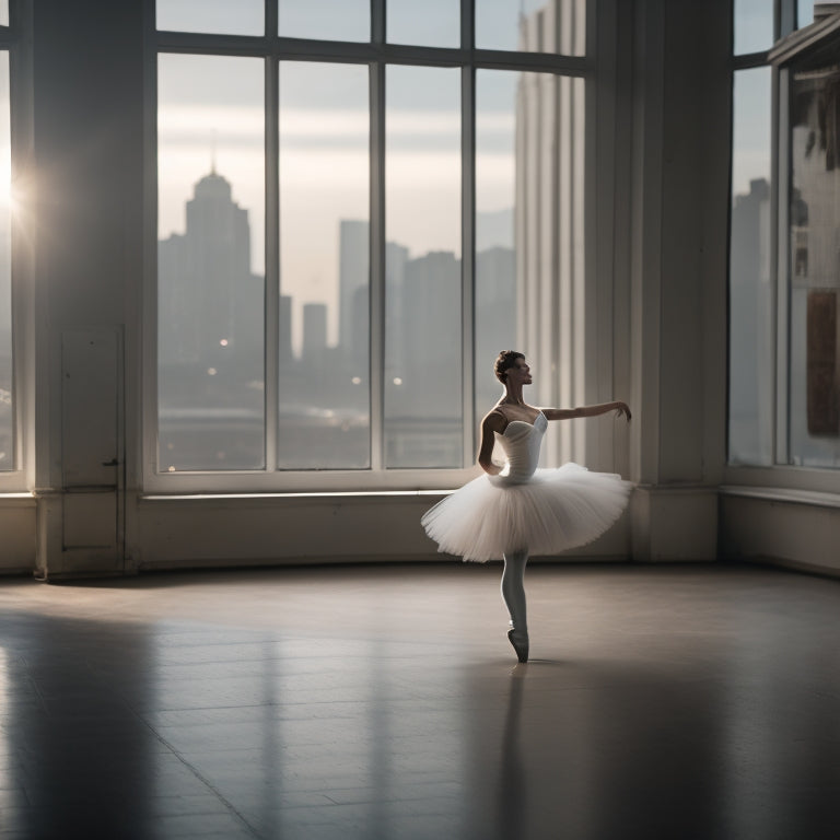 A serene, dimly lit dance studio with a lone ballerina in a flowing white tutu, standing in first position, surrounded by scattered pointe shoes, ballet bars, and a faint cityscape outside the window.