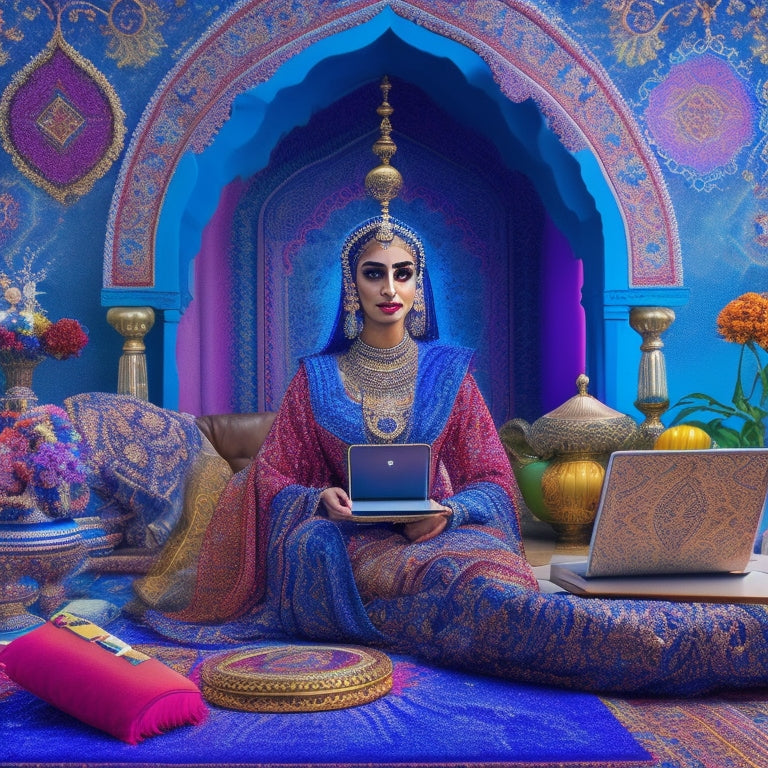 A whimsical illustration featuring a dancer in a vibrant, intricately patterned Middle Eastern-inspired backdrop, surrounded by laptops and tablets displaying online learning platforms.