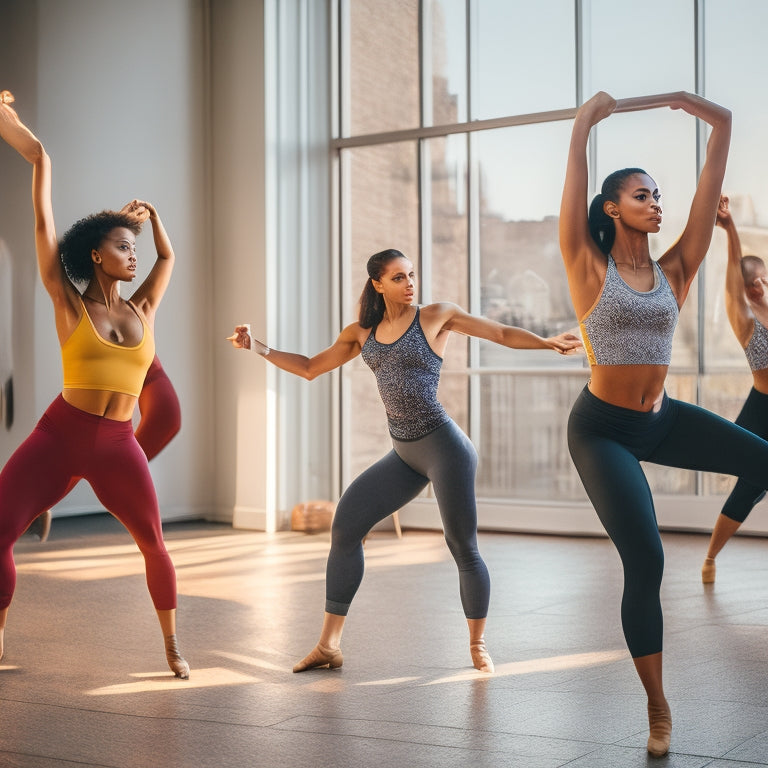 A vibrant dance studio with natural light, showcasing a diverse group of dancers in stylish, breathable rehearsal wear. Focus on comfortable fabrics, flexible silhouettes, and dynamic movement, capturing energy and performance.