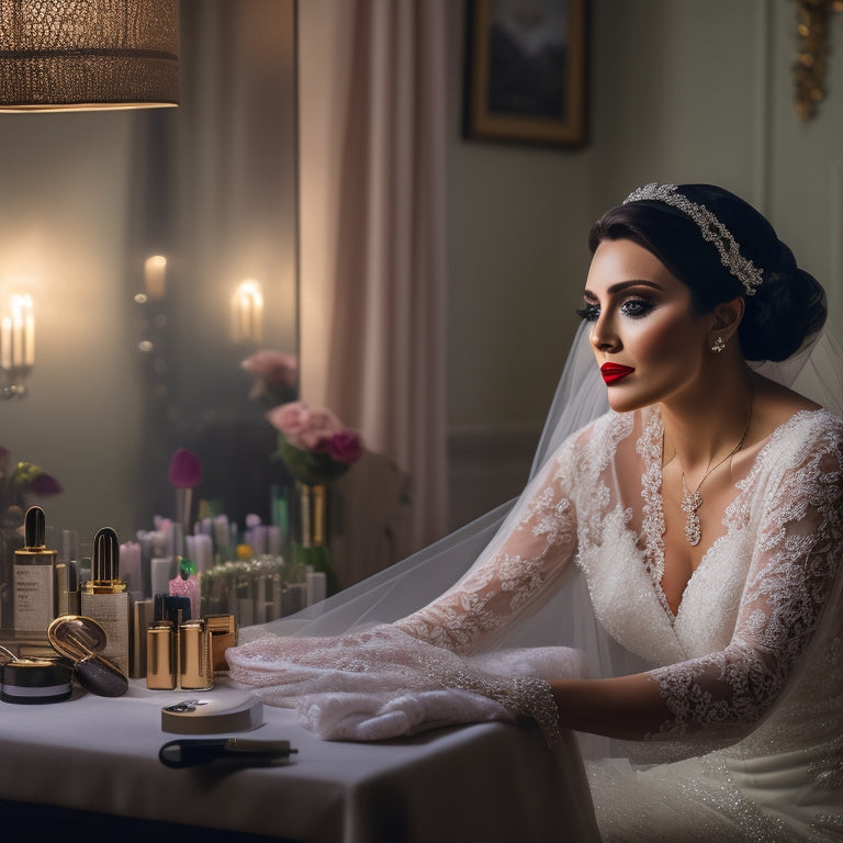 A serene, dimly lit dressing room with a stunning bride sitting in front of a vanity, surrounded by makeup brushes, lipsticks, and hair styling tools, with a delicate lace veil hanging in the background.