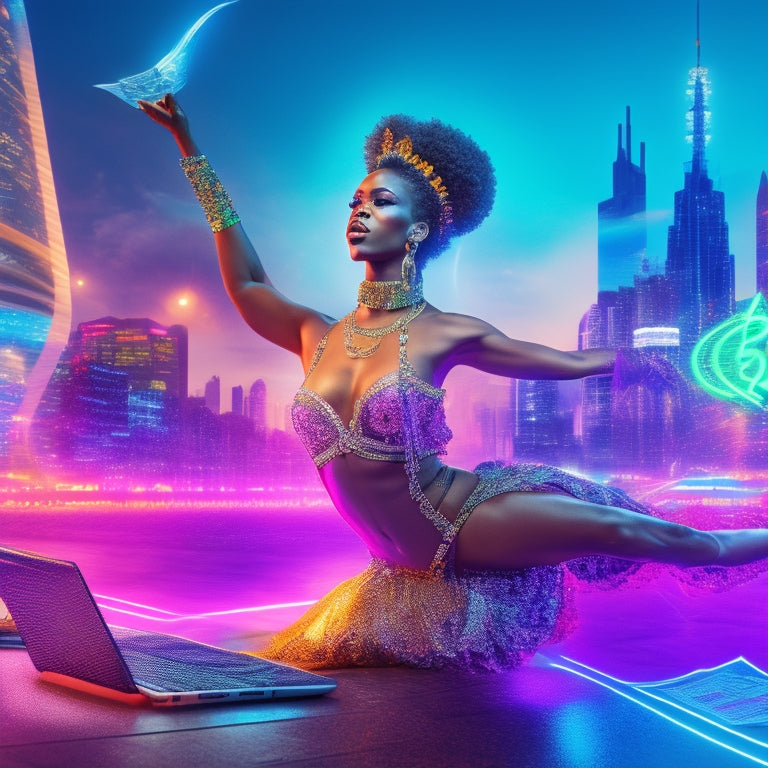 A vibrant illustration depicting a dancer surrounded by glowing laptops, musical notes, and currency symbols, with a subtle cityscape or studio background, conveying digital creativity and financial freedom.