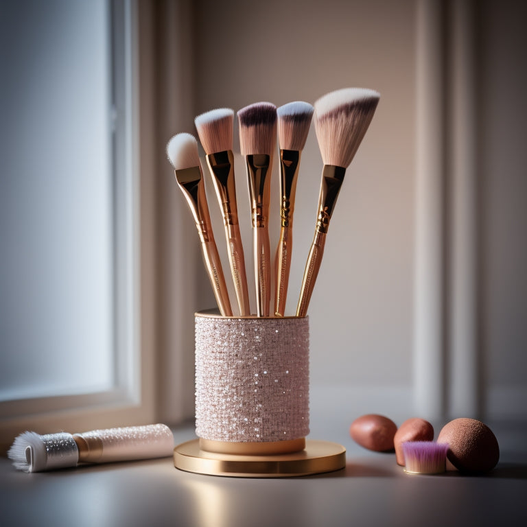 A stylized, minimalist illustration featuring a dance-themed makeup brush holder, surrounded by a few neatly arranged brushes, with a subtle sparkle and soft, warm lighting.