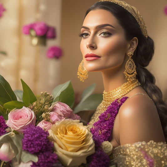 A regal, poised Bea Prescilla San Diego stands amidst a lush, vibrant floral arrangement, surrounded by luxurious event decor, with a subtle cityscape backdrop and warm, golden lighting.