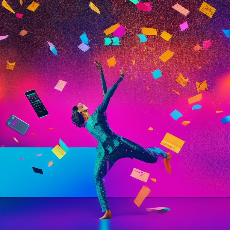 A stylized illustration of a dancer's silhouette surrounded by laptops, smartphones, and tablets, with confetti and ticket stubs floating around, set against a vibrant, gradient-colored background.