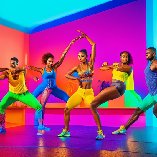 A vibrant, energetic illustration of a diverse group of people performing various dance styles (hip hop, salsa, ballet) in a bright, colorful studio with exercise equipment and motivational symbols in the background.