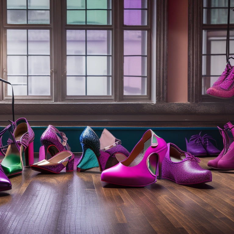 A vibrant dance studio scene featuring an array of stylish wide dance shoes for women, showcasing various colors, textures, and designs, with soft lighting highlighting the shoes on a polished wooden floor.