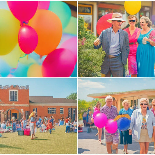 A sunny day at Century Village with a colorful COOPA event in full swing: vibrant balloons and streamers, lively music notes floating above, and joyful people of all ages mingling and dancing together.