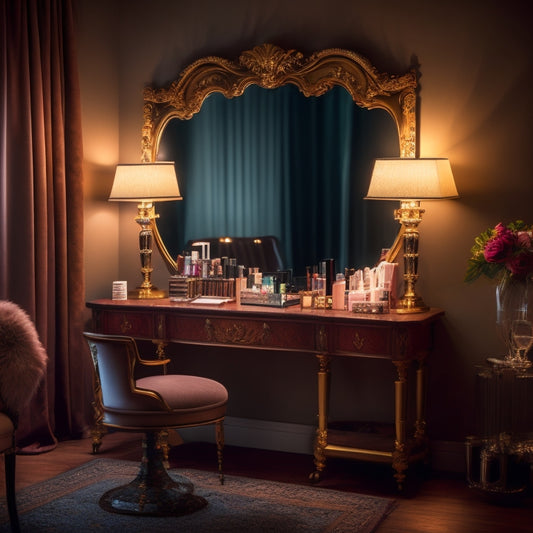 A dimly lit, elegant makeup station with a vanity mirror surrounded by various makeup products, a dance costume draped over a chair, and a few spotlights in the background, softly illuminating the scene.