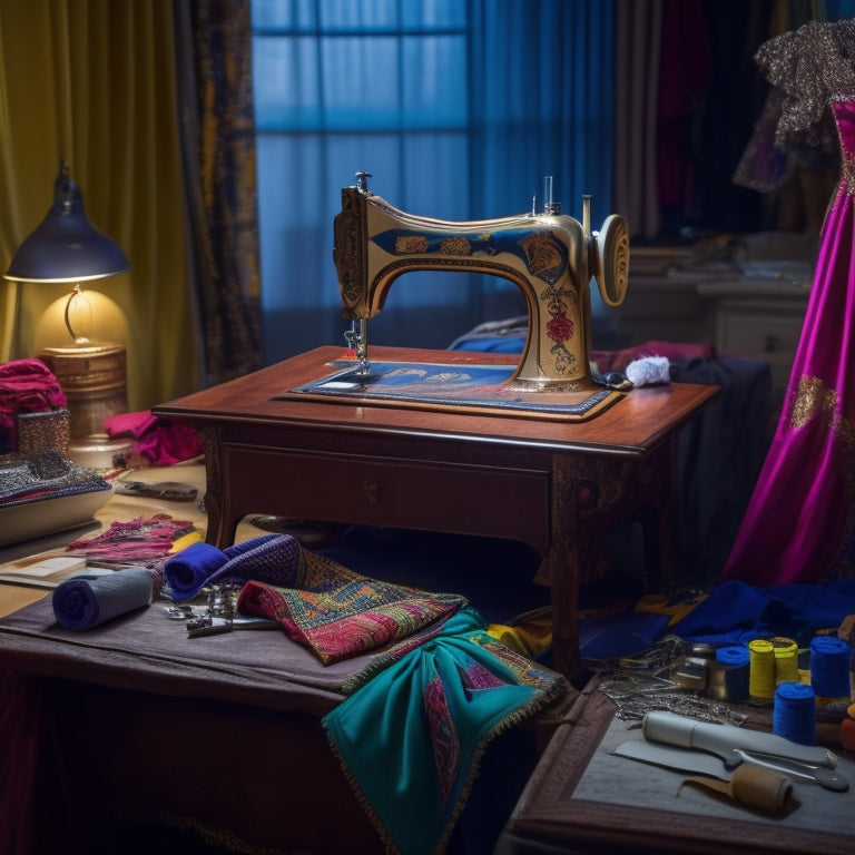 A sewing machine sits atop a clutter-free worktable surrounded by neatly organized fabric scraps, threads, and costume pieces, with a half-finished elaborate costume in the background, spotlight shining down.