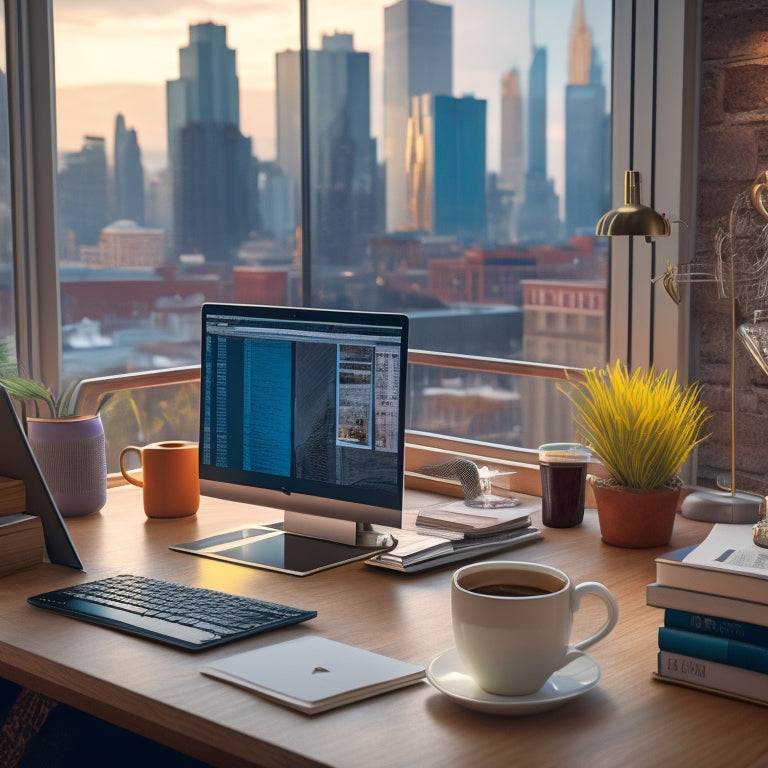 An illustration of a laptop on a clutter-free desk, surrounded by scattered books, a cup of coffee, and a few scattered notes, with a subtle cityscape background through the window.