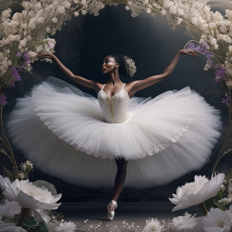 A whimsical illustration featuring a beautiful black ballerina in a flowing white tutu, surrounded by swirling dance-inspired patterns and delicate florals, set against a soft, creamy background.