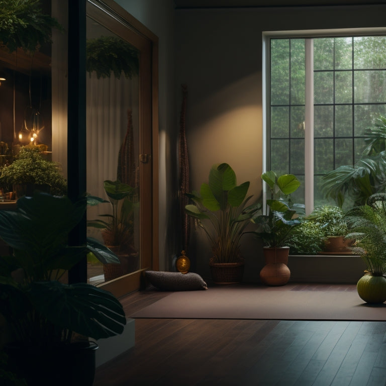 A serene, dimly lit yoga studio with a lone figure in the center, surrounded by calming green plants, stretching in downward-facing dog pose, with a subtle warm glow on their flexed body.