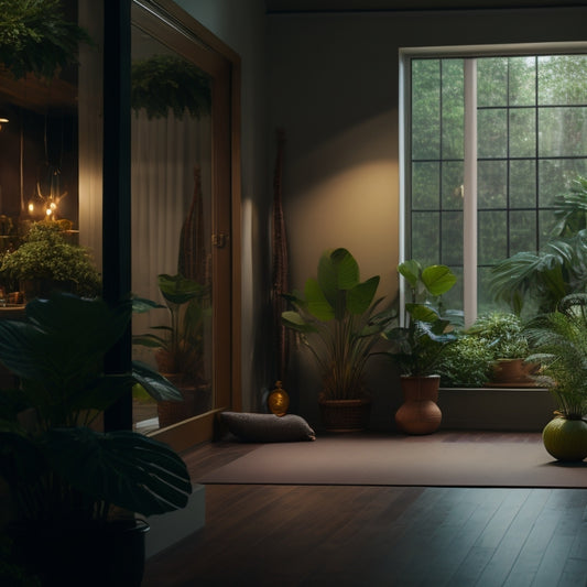 A serene, dimly lit yoga studio with a lone figure in the center, surrounded by calming green plants, stretching in downward-facing dog pose, with a subtle warm glow on their flexed body.