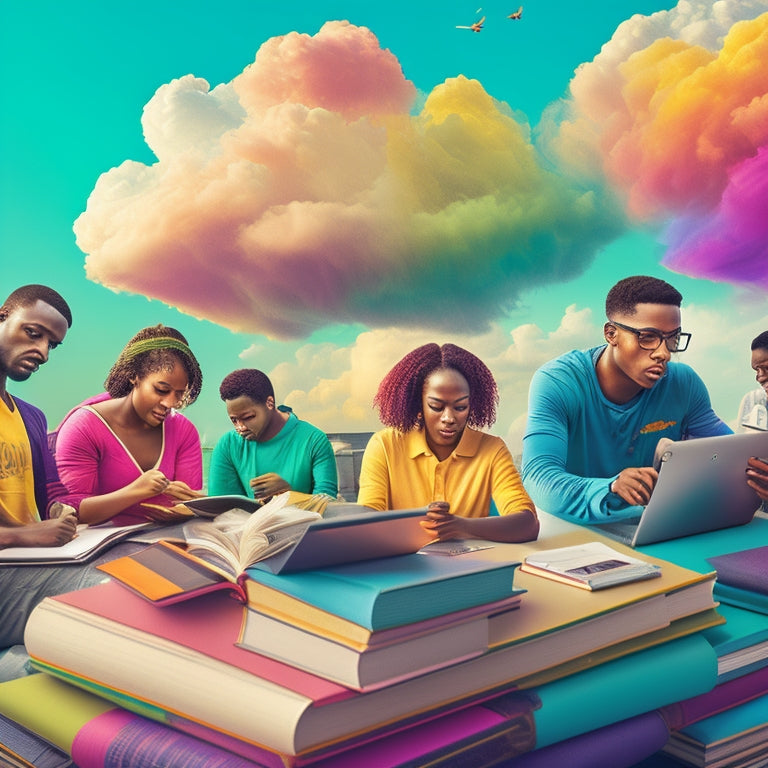 A vibrant, stylized illustration depicting a diverse group of students surrounded by swirling clouds of colorful books, laptops, and tablets, with a subtle gradient background representing a campus atmosphere.