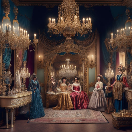 A whimsical illustration of a grand, ornate dressing room with rows of lavish costumes, sparkling jewelry, and intricate accessories, surrounded by dramatic drapes and candelabras.