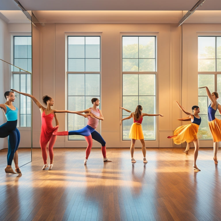 A dynamic illustration featuring a modern dance studio with sleek wooden floors, mirrored walls, and a bright, airy atmosphere, showcasing diverse dancers in mid-movement, surrounded by scattered dance shoes and flowing fabrics.