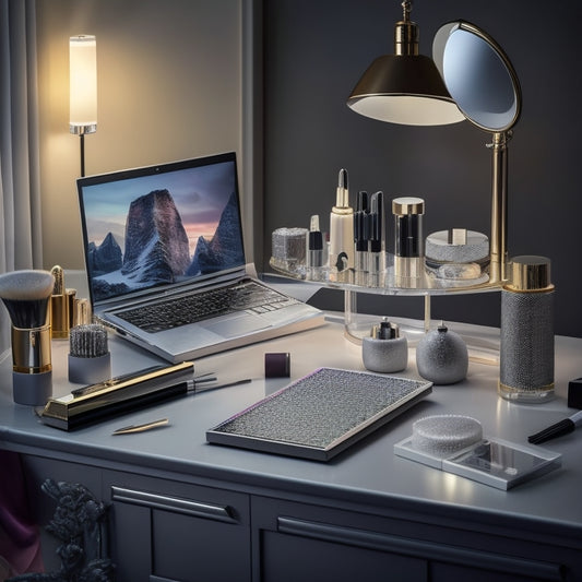 A glamorous, spot-lit vanity table with a sleek, silver laptop, a precision cutting machine, and a half-unveiled, intricately designed makeup artist cut file, surrounded by makeup brushes and palettes.