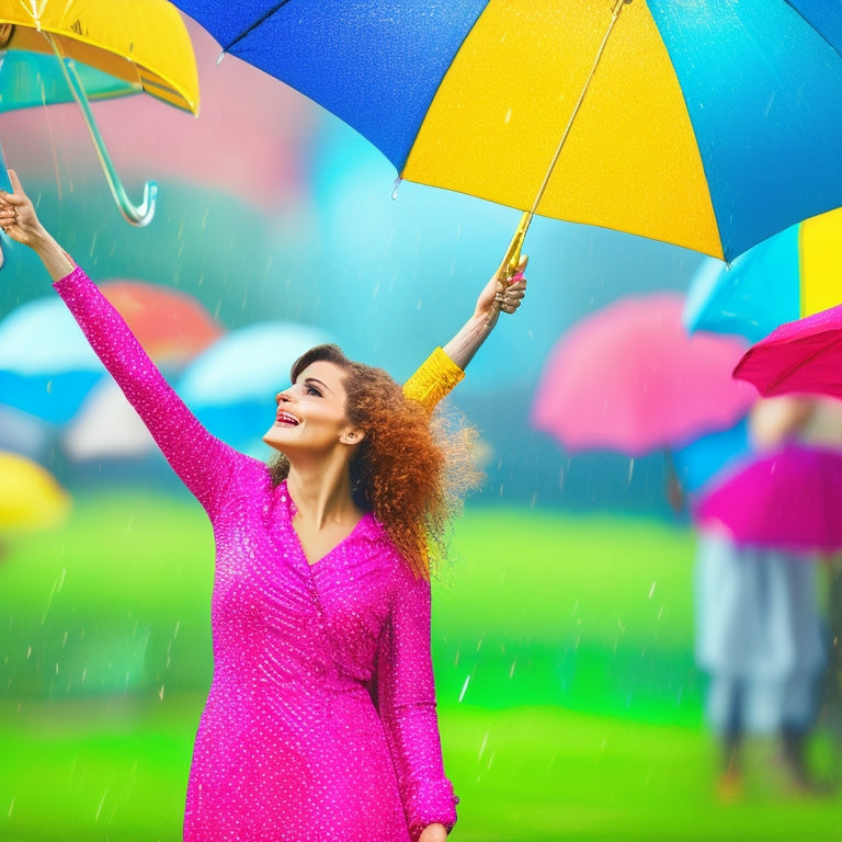 A whimsical illustration of a young woman, arms outstretched, twirling in the rain, surrounded by vibrant rainbow-colored umbrellas, each one unique and intricately designed, against a soft, gray-blue background.