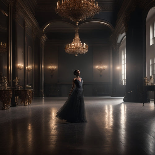 A serene, dimly lit ballroom with a large, dark grey Marley floor, surrounded by mirrors and ballet bars, featuring a lone, elegant dancer in a flowing gown, lost in a dramatic, sweeping dance move.